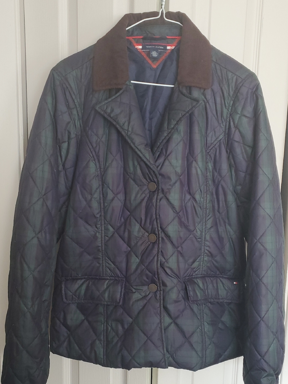 Tommy Hilfiger Quilted Jacket in Navy and Green Plaid with Brown Corduroy Collar